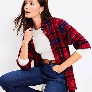Women loft smart casual plaid red button down shirt sz L